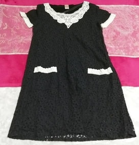 Schwarzes Chiffon-weißes Spitze-Kurzarm-Negligé-Tunika-Kleid, Tunika & kurze Ärmel & mittlere Größe