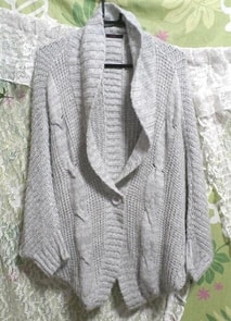 水灰色手編みのカーディガンケープ/ポンチョ/羽織 Water gray knit cardigan cape/poncho, レディースファッション&カーディガン&Mサイズ
