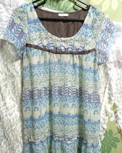 Blue, green and brown line lining Tea / tunic / dress Blue green brown / tunic / one piece, tunic & short sleeves & L size