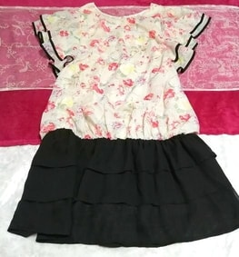 Black 3 hem frill pink flower pattern chiffon short sleeve tunic / tops, tunic & short sleeves & medium size