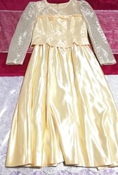 黄色レースサテン光沢スカートロングワンピース/ドレス Yellow lace satin glossy skirt long onepiece dress
