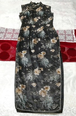 Floral print black cheongsam maxi dress, ladies' fashion, formal, dress