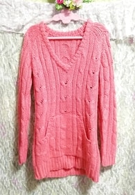 ピンク編み厚手Vネック長袖/セーター/ニット/トップス Pink thick V neck long sleeve sweater knit tops