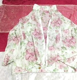 白ホワイト紫緑花柄シースルー羽織カーディガン White purple green floral see-through haori cardigan