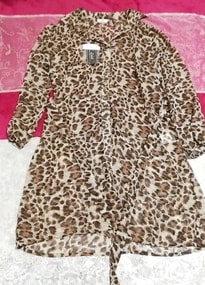茶色ヒョウ柄シフォンシースルーブラウス羽織ロングカーディガンタグ付 Brown leopard print chiffon long cardigan