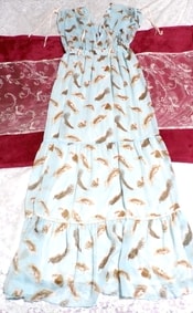 水色羽根柄シフォンロングマキシワンピースドレス Light blue feather pattern chiffon long maxi onepiece dress