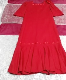 日本製赤レッドアンゴラ毛ニットリボンフレアスカートワンピースドレス Made in Japan red angora knit ribbon flare skirt onepiece dress