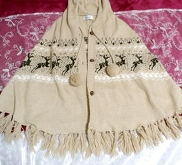 Flax color deer embroidery bonbon and hooded fringe poncho cape, ladies fashion & jacket, jacket & poncho