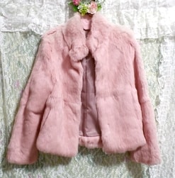 Joli manteau de fourrure de lapin couleur pêche rose doublure violet / extérieur