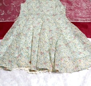 Green floral pattern chiffon sleeveless mini skirt one piece / tunic