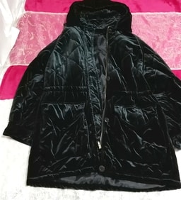 黒ブラック光沢ベロアロングダウンフードコート/外套/アウター Black luster velour long down hood coat mantle