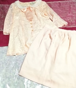 ピンク桜色絹の襟ブラウスとスカート2点スーツセット Pink sakura color silk collar blouse skirt 2 suit set