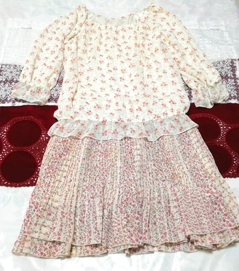 Weißes, rotes, mit Blumenmuster gerüschtes Tunika-Negligé-Nachthemd, rosa Blumenmuster-Chiffon-Tüll-Minirock, 2 Stück, Mode, Frauenmode, Nachtwäsche, Pyjama