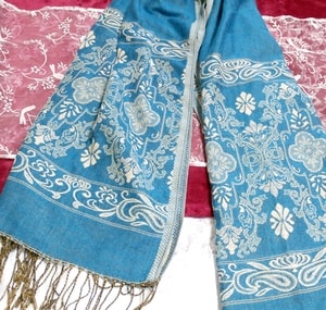 Étole longue motif fleur grande taille bleu style ethnique