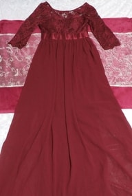 赤紫ワインレッドレーストップスシフォンロングスカートマキシワンピースドレス Red purple lace chiffon long skirt maxi onepiece dress