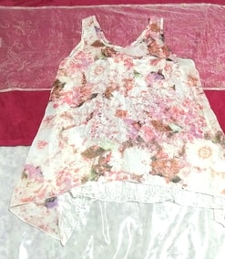 白ピンクレース花柄シースルーシフォンノースリーブチュニック White pink lace floral see-through chiffon sleeveless tunic tops