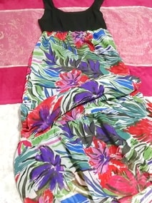 黒トップスアート花柄スカートノースリーブマキシワンピース日本製 Black tops art floral skirt sleeveless maxi onepiece made in japan