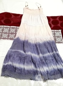 インド製綿と麻リネン青白キャミソールワンピース Indian cotton and linen blue white camisole onepiece