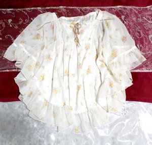 White flower pattern see through chiffon tunic poncho / tops