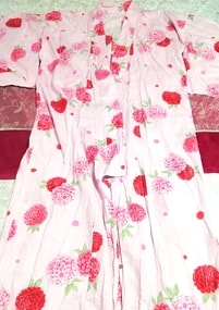 桃色ピンク赤薔薇柄プリント浴衣/和服/着物 Peach color pink red rose pattern print yukata/Japanese clothes/kimono