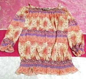 Flaxen red purple floral pattern cherry pattern chiffon long sleeve negligee nightgown jersey through tunic, tunic, long sleeve, m size