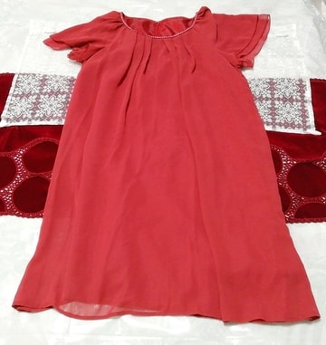 लाल शिफॉन छोटी आस्तीन लंबी ट्यूनिक रोबे नाइटगाउन नाइटवियर ड्रेस, अंगरखा, आधी बाजू, एल आकार