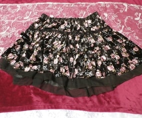 Rose flower pattern black luster flare mini skirt, mini skirt & flare skirt, gathered skirt & M size