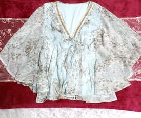 COUP DE CHANCE Hellblaue Kimono-Poncho-Rüschen-Chiffon-Tunika / T-Shirts mit V-Ausschnitt Blaue Poncho-Chiffon-Tunika / Tops mit V-Ausschnitt