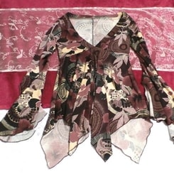 Brown purple flower pattern V neck butterfly tunic / tops, tunic & long sleeves & medium size