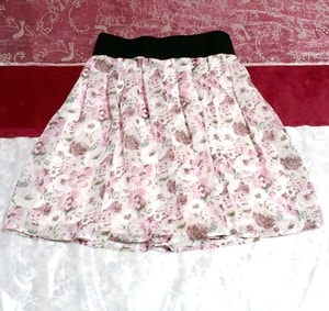 Black waist pink and white floral pattern chiffon flare mini skirt