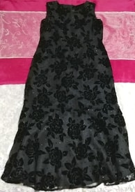 블랙 플라워 패턴 자수 민소매 맥시 롱 드레스