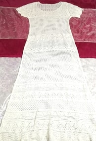 白ホワイト編みレースチュニック風ロングマキシワンピース White braided lace tunic style long maxi onepiece