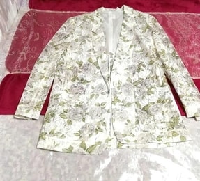 日本製白ホワイト緑葉花柄レーススーツカーディガン羽織 Made in Japan white green leaf floral pattern lace suit cardigan, レディースファッション&カーディガン&Mサイズ