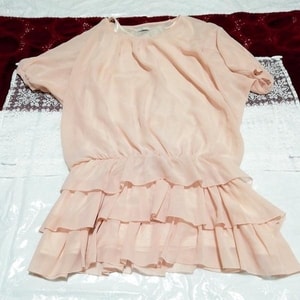 粉色雪纺分层荷叶边睡衣连衣裙短袖束腰外衣, 外衣, 短袖