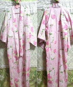 Pink pink rose floral print yukata / kimono Peach color pink rose floral print yukata / kimono, women's kimono, kimono & yukata & others
