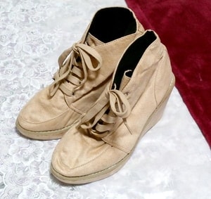 亜麻色ベージュ紐靴スニーカー10cm/厚底レディース靴 Flax color beige shoes sneaker 3.93 in/thick bottom women's shoes, スニーカー&その他&23.5cm