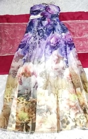 豪華紫パープル花柄シフォンキャミソールマキシロングドレスワンピース Purple flower pattern chiffon camisole maxi long dress/onepiece
