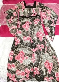 着物風赤黒シフォン花エスニック柄マキシローブワンピース Kimono style red black chiffon flower ethnic pattern maxi onepiece dress
