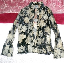 Black ocher floral print see through chiffon blouse / tops / coat