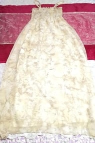淡い亜麻色花柄キャミソールロングスカートマキシワンピース Flax color floral pattern camisole long skirt maxi onepiece, ワンピース&ロングスカート&Mサイズ