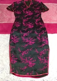 Black pink flower pattern embroidery cheongsam china dress one piece