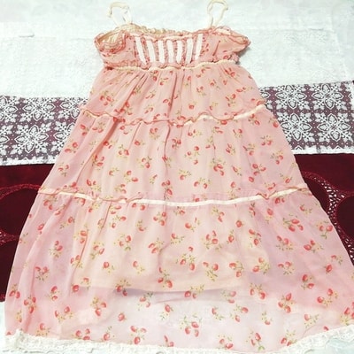 粉色樱桃图案白色蕾丝雪纺睡袍吊带背心连衣裙, 时尚, 女士时装, 吊带背心