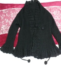 黒ブラック編みニット風可愛い紐付きカーディガン/アウター Black knit style cute cordigan/outerwear, レディースファッション&カーディガン&Mサイズ