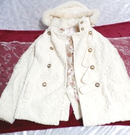 LIZ LISA white rabbit fur hood floral pattern girl lace coat / outer