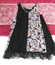 黒と紫と緑花柄ノースリーブシフォンレースワンピース Black purple green flower pattern sleeveless chiffon lace onepiece