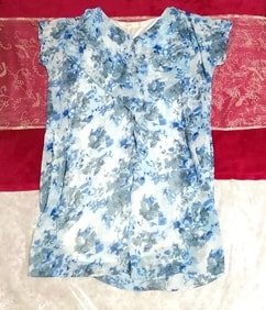 Robe tunique en mousseline de soie, bleu clair, bleu, motif floral, déshabillé, chemise de nuit, tunique, Sans manches, Sans manches, taille m