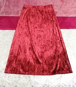 カンボジア製ワインレッドベロア光沢ロングプリーツスカート Made in Cambodia wine red velour glossy long pleated skirt