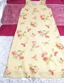 Flax color floral chiffon long skirt maxi onepiece dress, dress & long skirt & M size