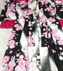 黒桃桜花柄浴衣和服着物羽織 Black peach cherry blossom pattern yukata Japanese clothes kimono