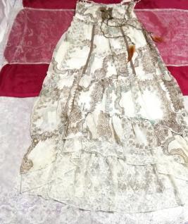 Brown white ethnic pattern chiffon lace camisole maxi skirt one piece, dress & long skirt & L size